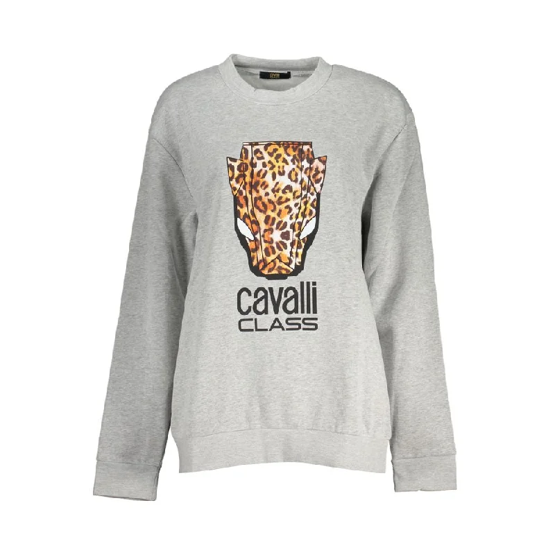 Cavalli Class Chic Gray Crew Neck Fleece Sweatshirt Hoodie with Belted Waist Structured Tailored