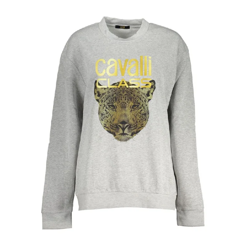 Cavalli Class Chic Gray Crew Neck Fleece Sweatshirt Hoodie with Hem Elastic Stretchable Comfortable