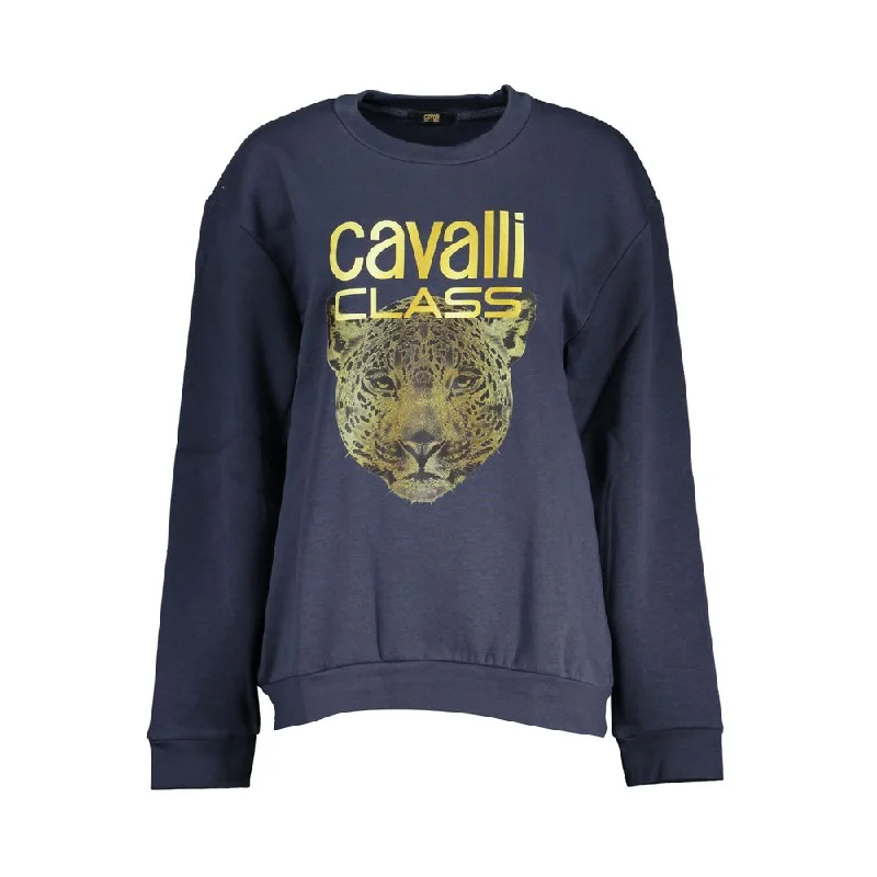 Cavalli Class Elegant Blue Fleece Crew Neck Sweatshirt Hoodie with Hem Contrast Bold Stylish