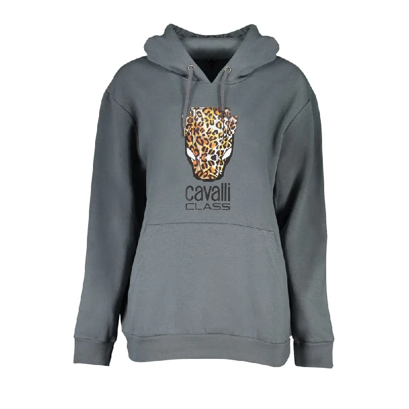 Cavalli Class Elegant Hooded Fleece Sweatshirt in Gray Hoodie with Full-Zip Functional Layering