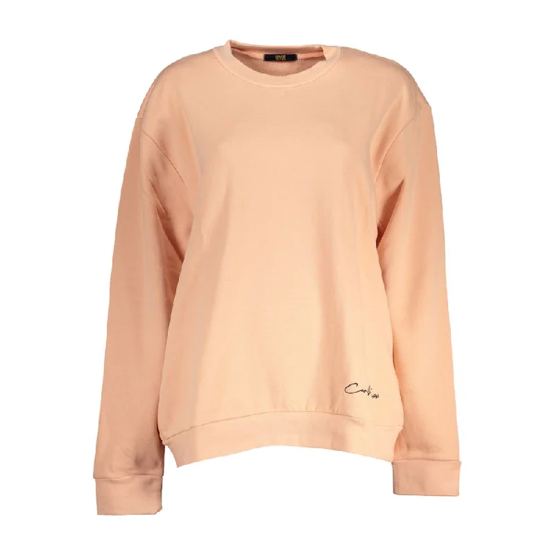 Cavalli Class Elegant Long-Sleeved Pink Fleece Sweatshirt Hoodie with Back Slit Movement Comfort