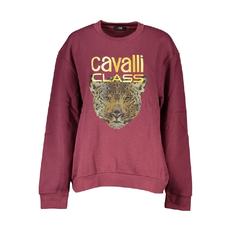 Cavalli Class Purple Fleece Crew Neck Sweatshirt with Logo Print Hoodie with Exposed Zipper Edgy Industrial