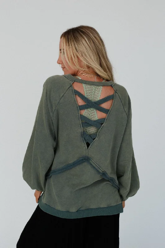 Crossed Paths Sweatshirt - Olive Hoodie with Set-In Sleeves Structured Classic