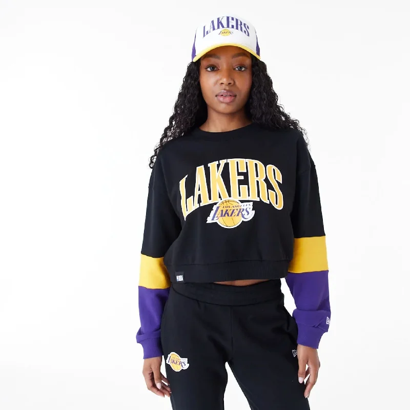 LA Lakers Womens NBA Colour Block Black Crop Crew Neck Sweatshirt Hoodie with Logo Branding Identity