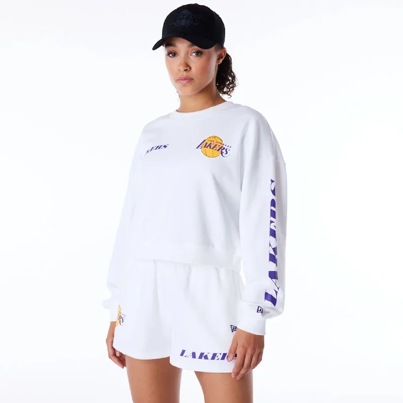 LA Lakers Womens NBA Wordmark White Crop Crew Neck Sweatshirt Hoodie with Thumb Holes Functional Cozy