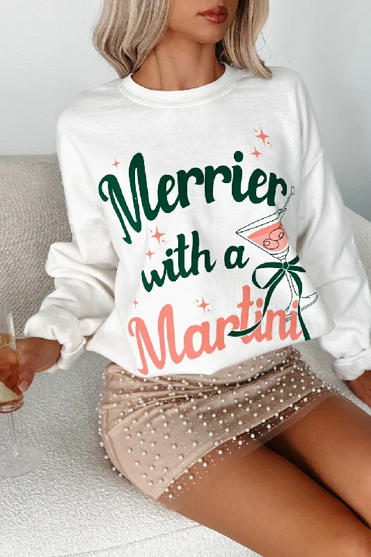 "Merrier With A Martini" Graphic Sweatshirt (White) Cotton Hoodie Fleece Lining Warmth