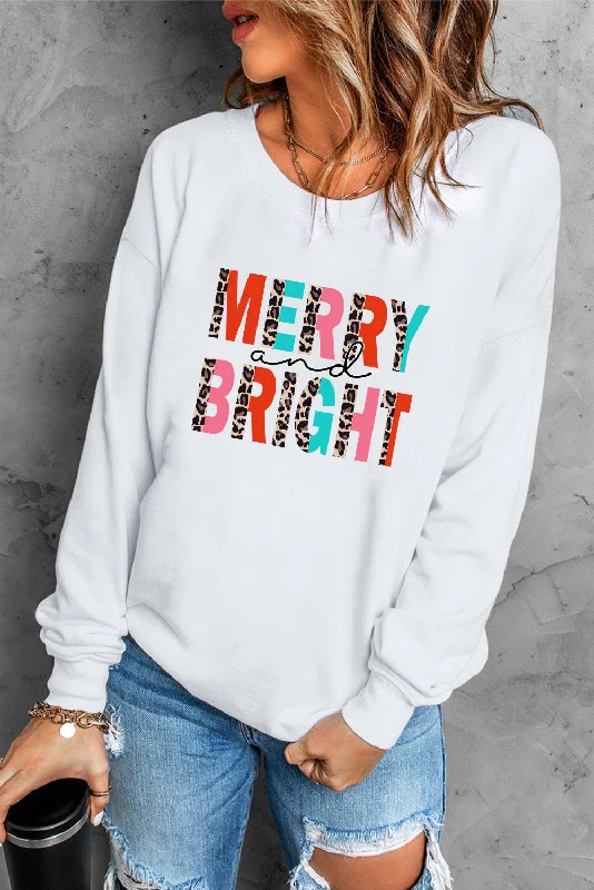 MERRY AND BRIGHT Graphic Sweatshirt Hoodie with Crew Neck Simple Timeless