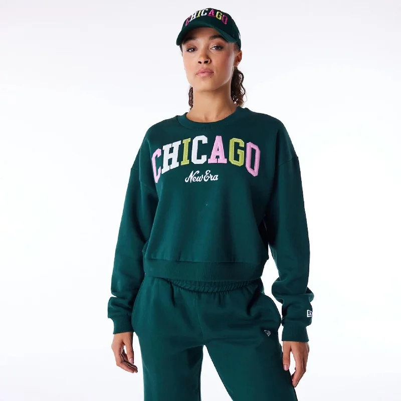 New Era Infill Dark Green Crop Crew Neck Sweatshirt Hoodie with Batwing Sleeves Loose Dramatic