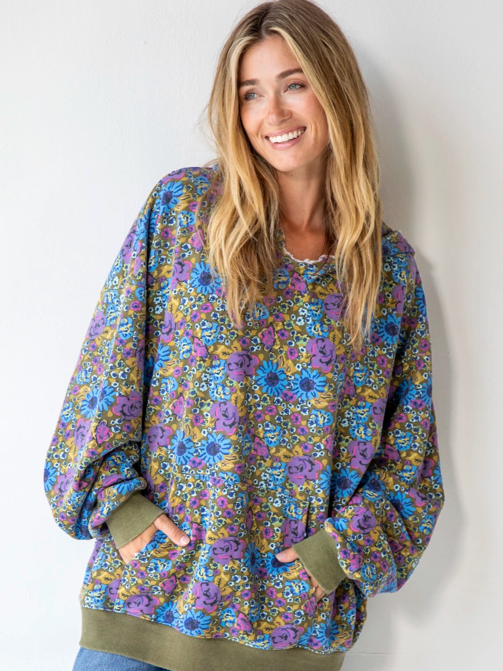 Oversized Printed Sweatshirt - Blue Rose Purple Daisy Hoodie with Puffed Sleeves Voluminous Trendy