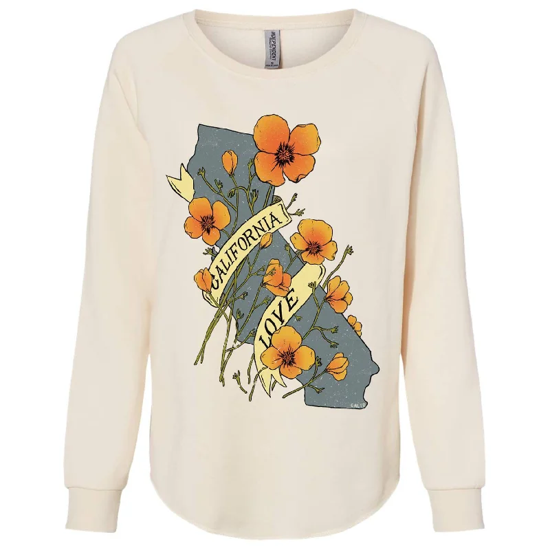 Poppies California Love Crewneck Sweatshirt Hoodie with Side Slits Relaxed Casual