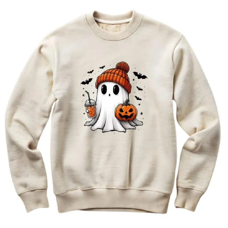 Ready for Fall Ghost Beanie Latte Sweatshirt Hoodie with Print Artistic Unique