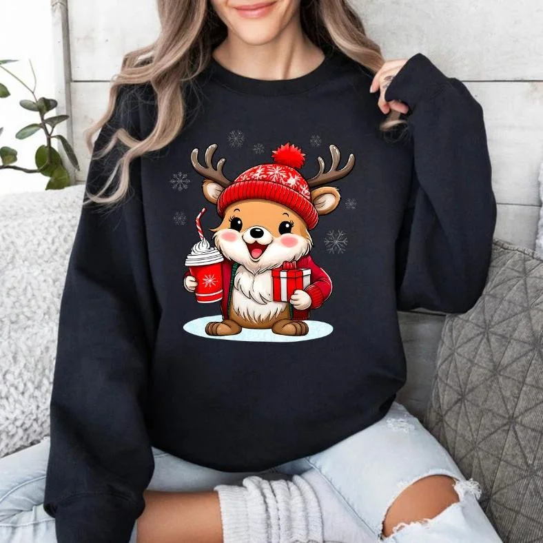 Reindeer Latte Holiday Black Crewneck Sweatshirt Hoodie with Patch Decorative Personalized