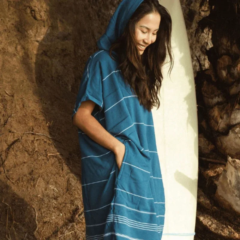 Sand Cloud Classic Stripe Hooded Poncho in Teal Blue Hoodie with Bell Sleeves Flared Feminine