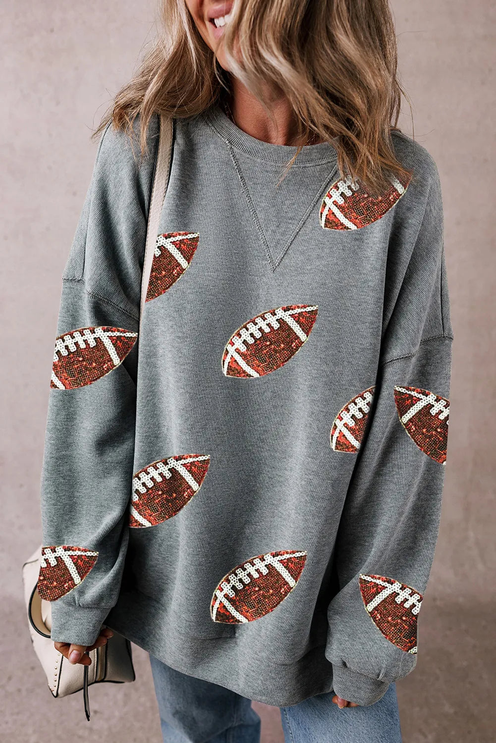 Sequin Football Round Neck Long Sleeve Sweatshirt Hoodie with Elastic Cuffs Stretchable Comfortable