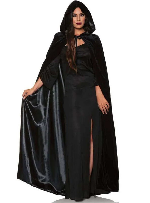 Hooded Black Satin Lined Womens Halloween Costume Cape Hoodie with Metallic Shiny Futuristic