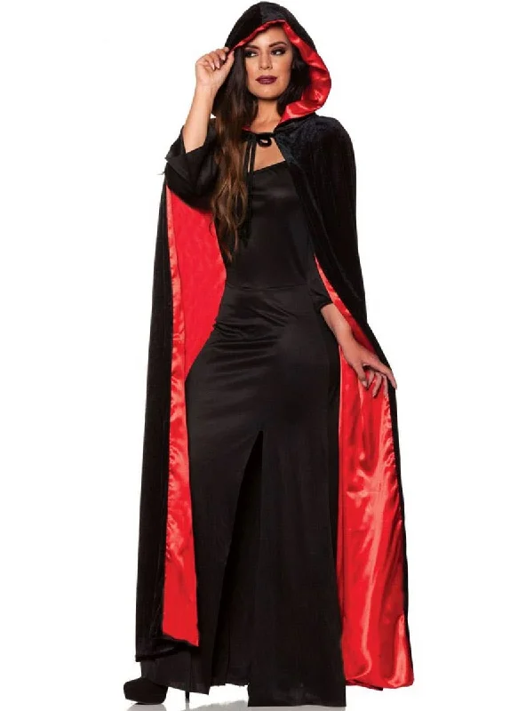 Hooded Black and Red Satin Womens Costume Cape Hoodie with Applique Textured Unique