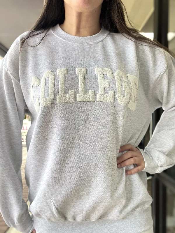 College Puff Crew Sweatshirt Hoodie with Hem Embroidery Detailed Premium