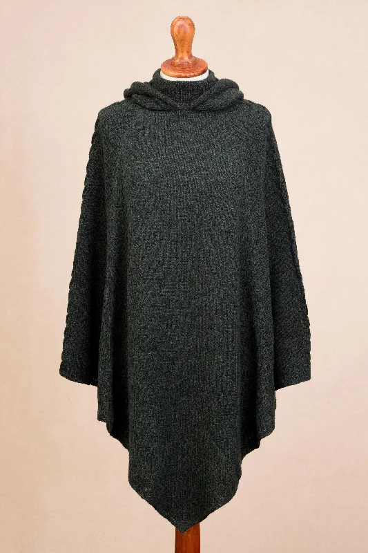 Adventurous Style in Moss Knit Alpaca Blend Hooded Poncho in Moss from Peru Hoodie with Double Zipper Versatile Adjustable