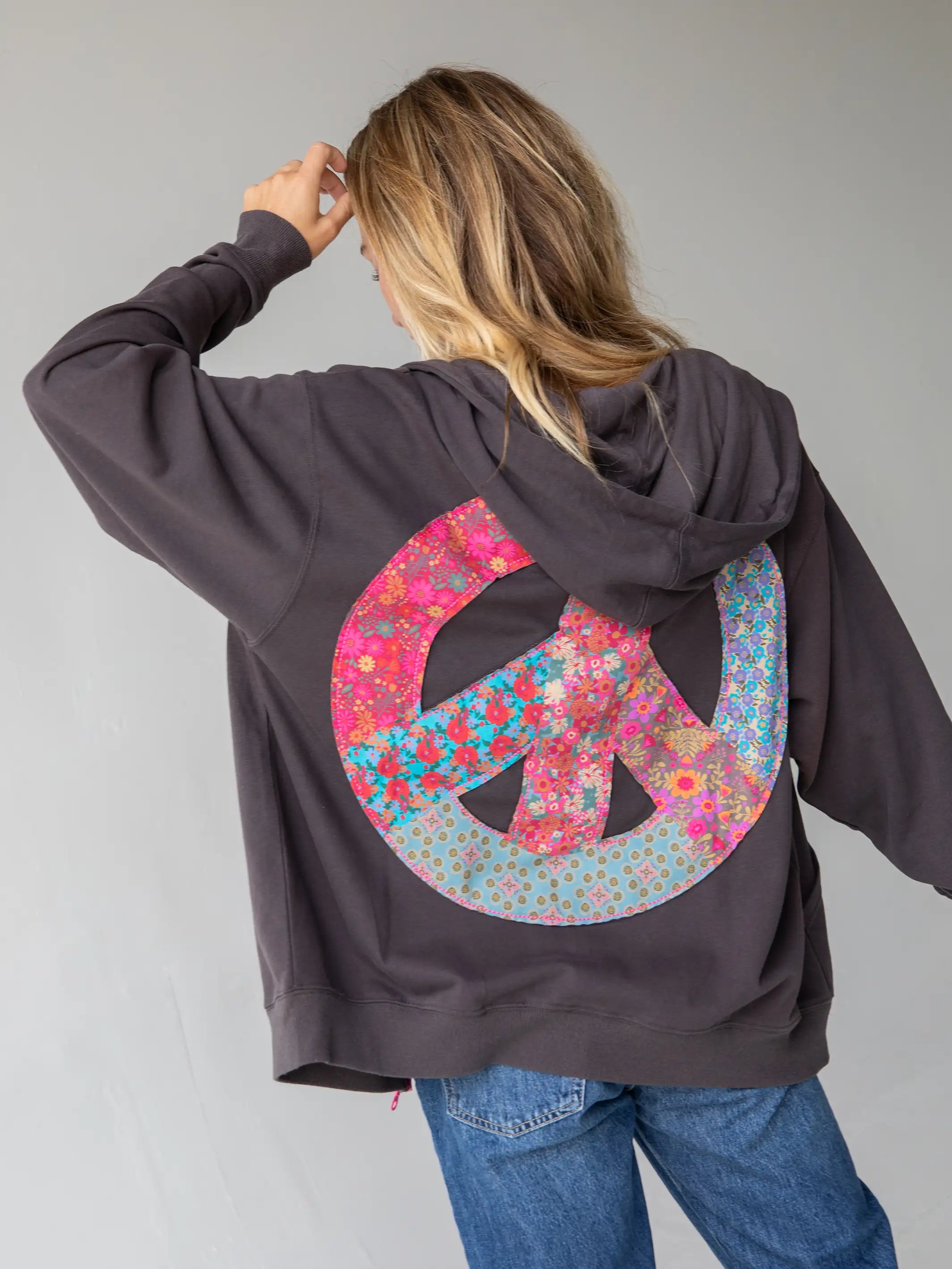 Applique Zip-Up Hoodie - Charcoal Peace Hoodie with Ribbed Cuffs Snug Fit Comfort