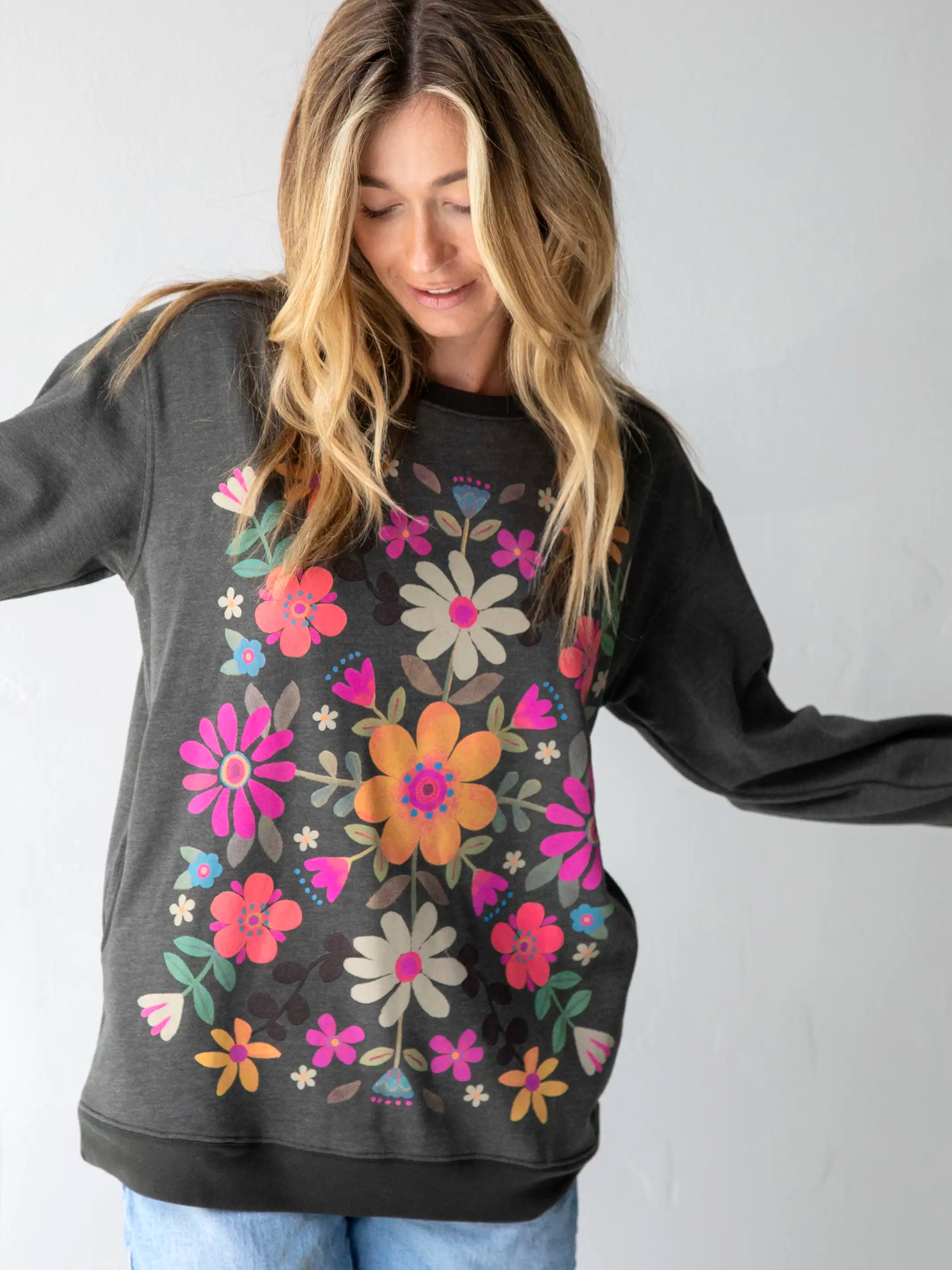 Comfy Pocket Sweatshirt - Folk Flowers Charcoal Hoodie with Pattern Geometric Abstract