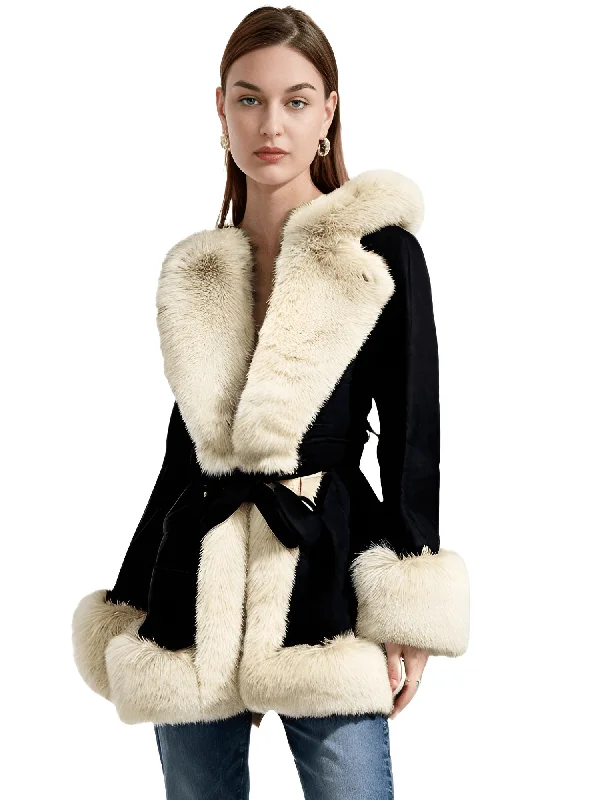 Hooded Fur Coats For Women With Belt and Fur Lining Inside Hoodie with Hem Frayed Vintage Worn