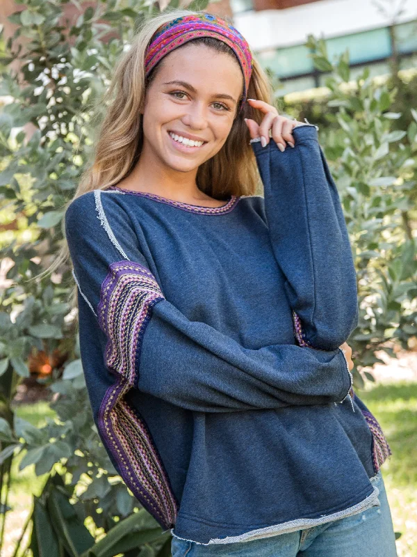 Knit Trim Sweatshirt - Navy Hoodie with Strings Custom Fit Adjustable