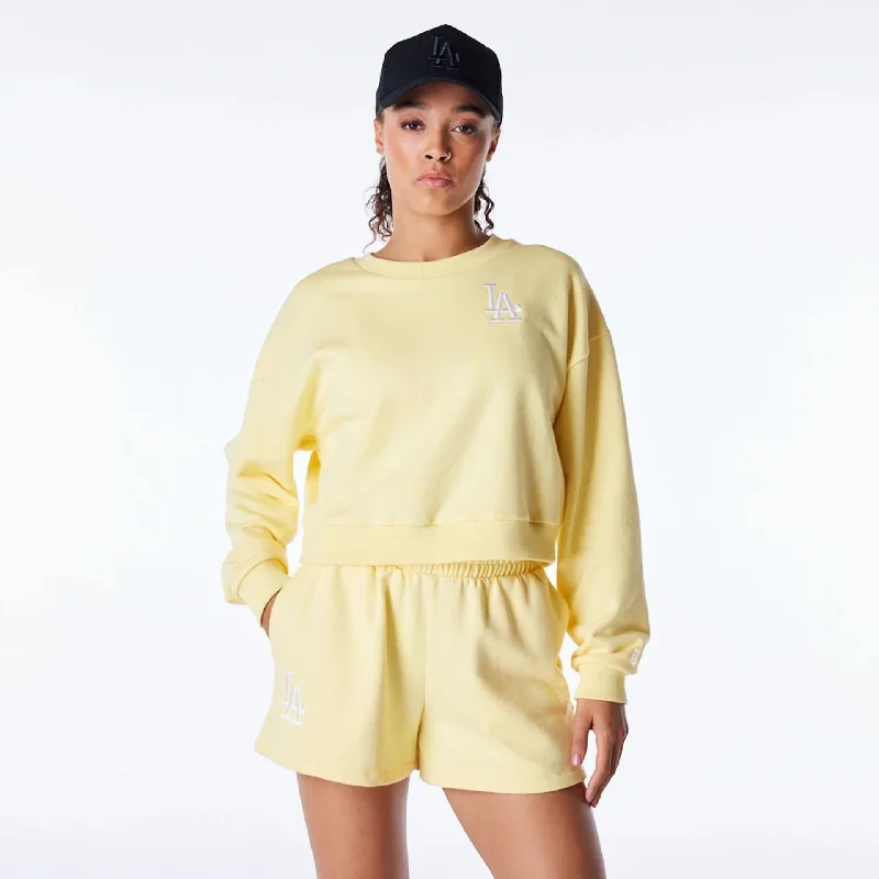 LA Dodgers Womens MLB League Essential Pastel Yellow Crop Crew Neck Sweatshirt Hoodie with Hem Detail Decorative Unique