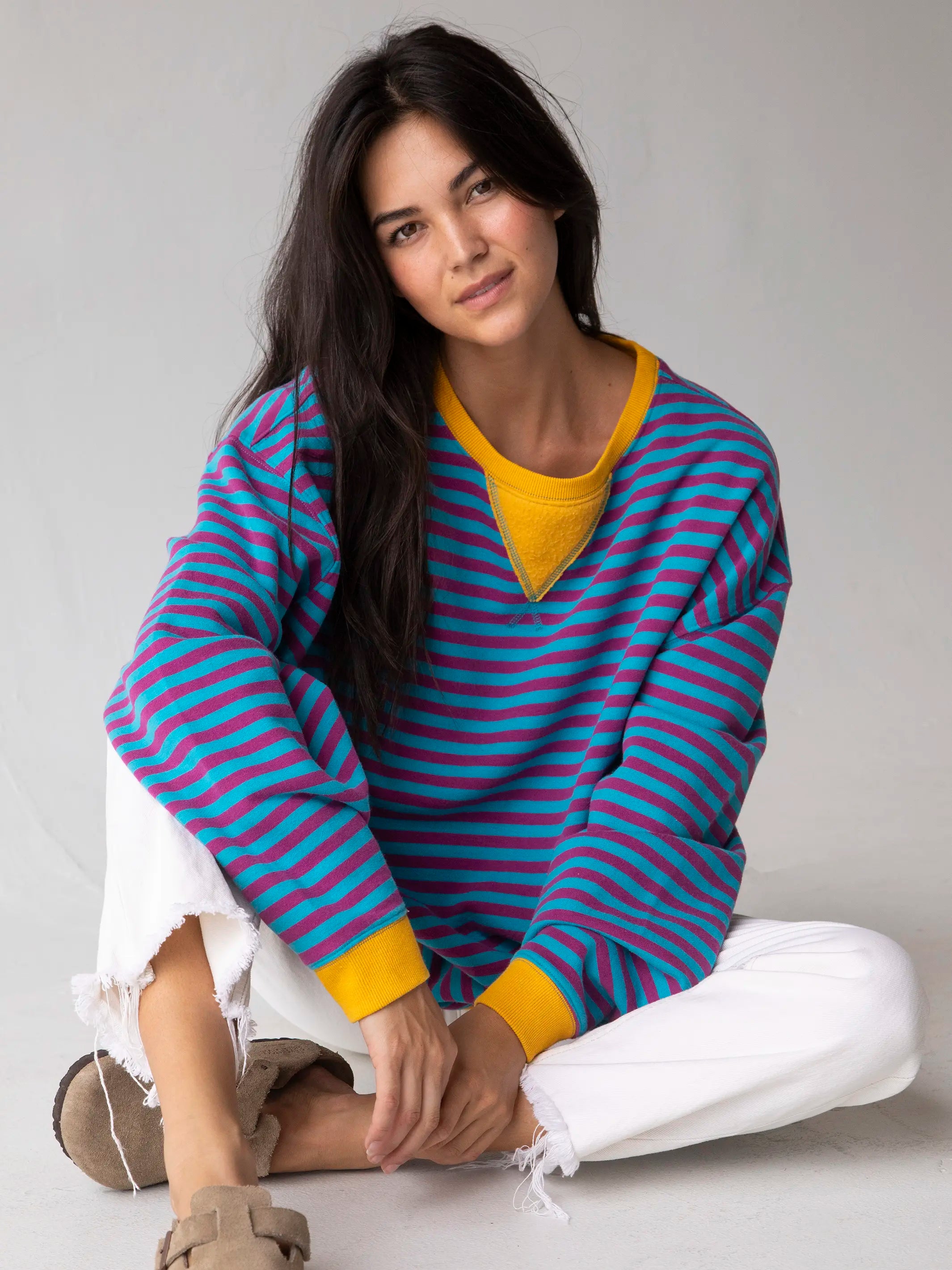 Oversized Striped Sweatshirt - Turquoise Purple Stripes Hoodie with Zipper Versatile Modern