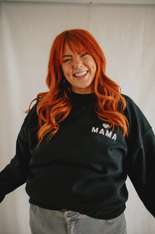 The Mama Heart Pullover Sweatshirt - Black Hoodie with Hem Drawcord Adjustable Customizable