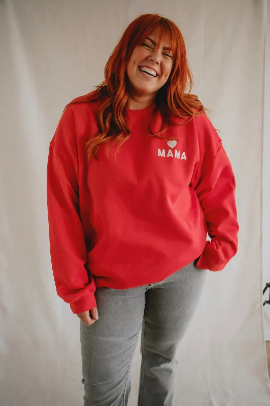 The Mama Heart Pullover Sweatshirt - Red Hoodie with Button Placket Classic Preppy