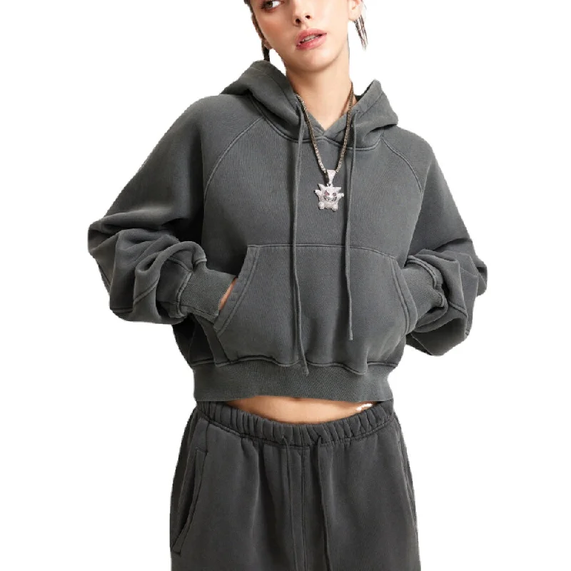 Women's Casual Washed Cropped Hoodie Hoodie with Button Classic Timeless