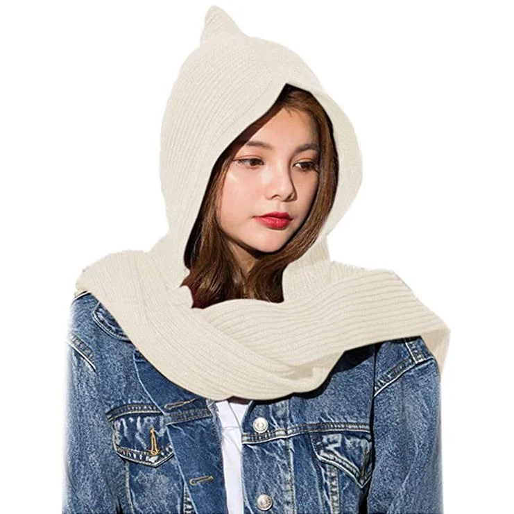 Women's Winter Knitted Hooded Long Scarf Hoodie with Zipper Versatile Modern