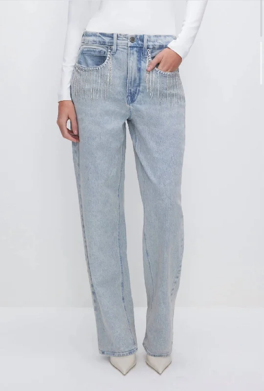 90S Diamond Fringe Jeans In Indigo Trendy Wide-Legged High-Waist Jeans