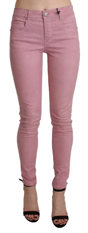 Acht Chic Pink Mid Waist Skinny Jeans Trendy Button-Up High-Waist Jeans