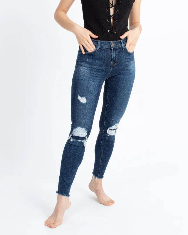 "Cropped Skinny" Distressed Jeans Classic Black Denim Jeans