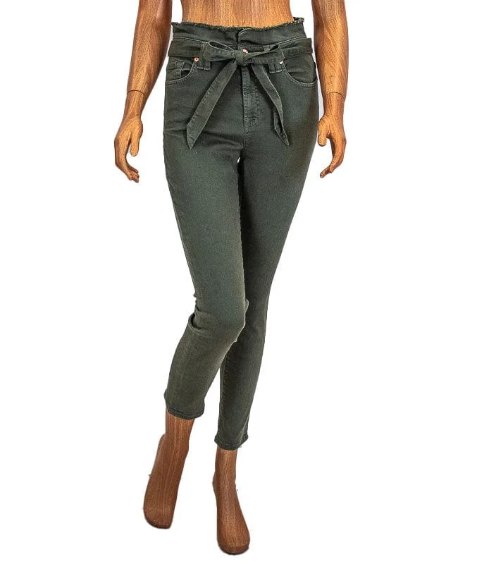 Green High Waisted Jeans Trendy Pleated Waist Jeans