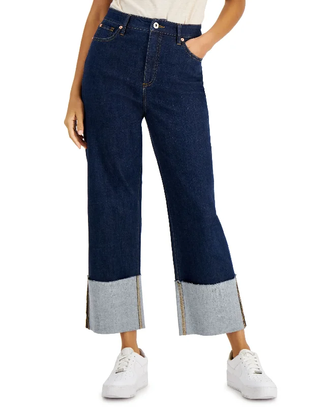 INC International Concepts Womens Wide Cuff Straight Leg Jeans Cozy Stretch High-Waist Jeans