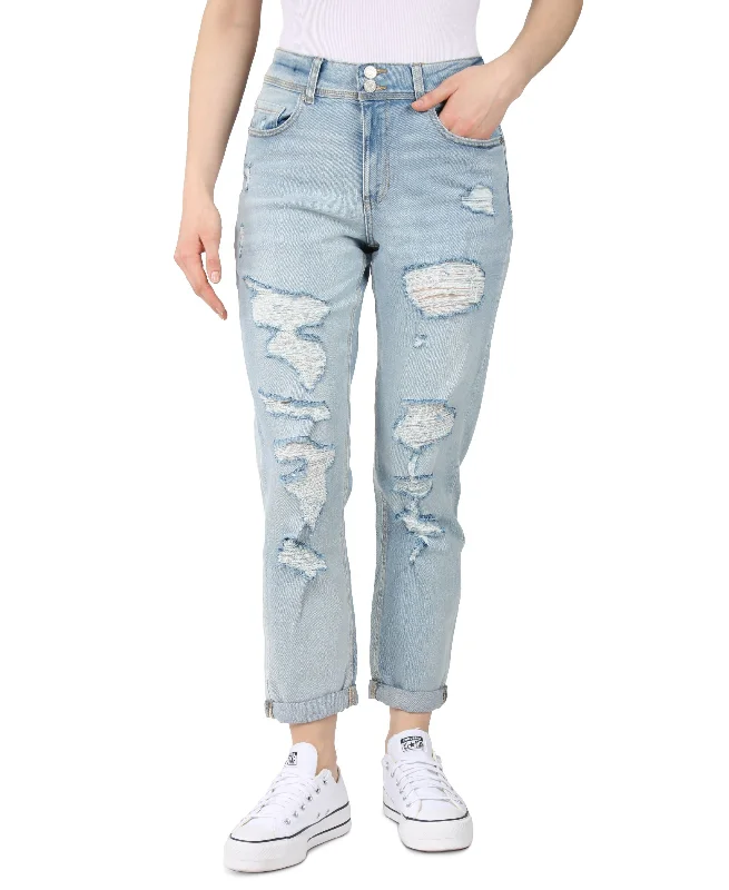 Juniors' Destructed Double-Button Mom Jeans Cozy Stretch High-Waist Jeans