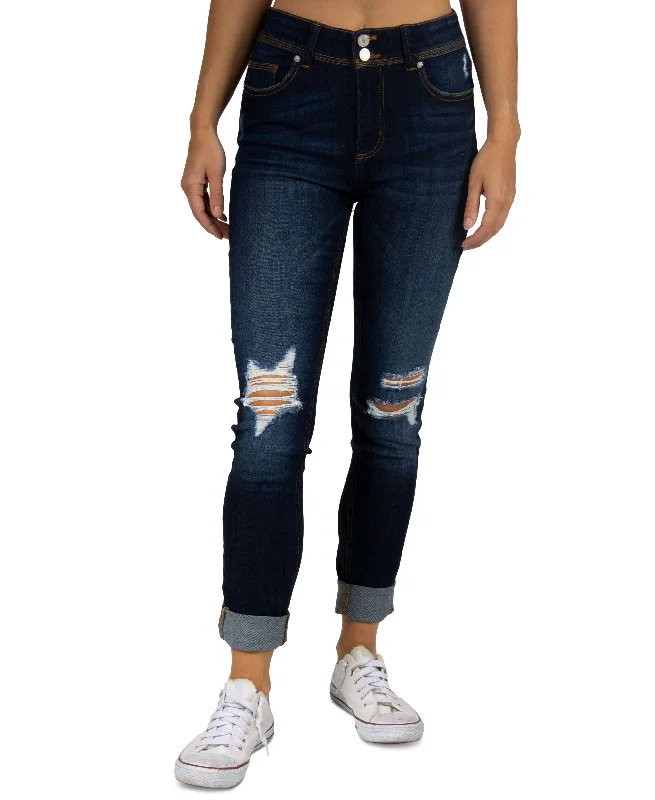 Juniors' Destructed High-Rise Skinny Jeans Comfortable Dark Wash Jeans