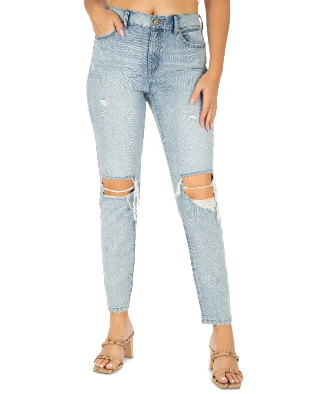 Juniors' Distressed High-Rise Mom Jeans Cozy Stretch High-Waist Jeans