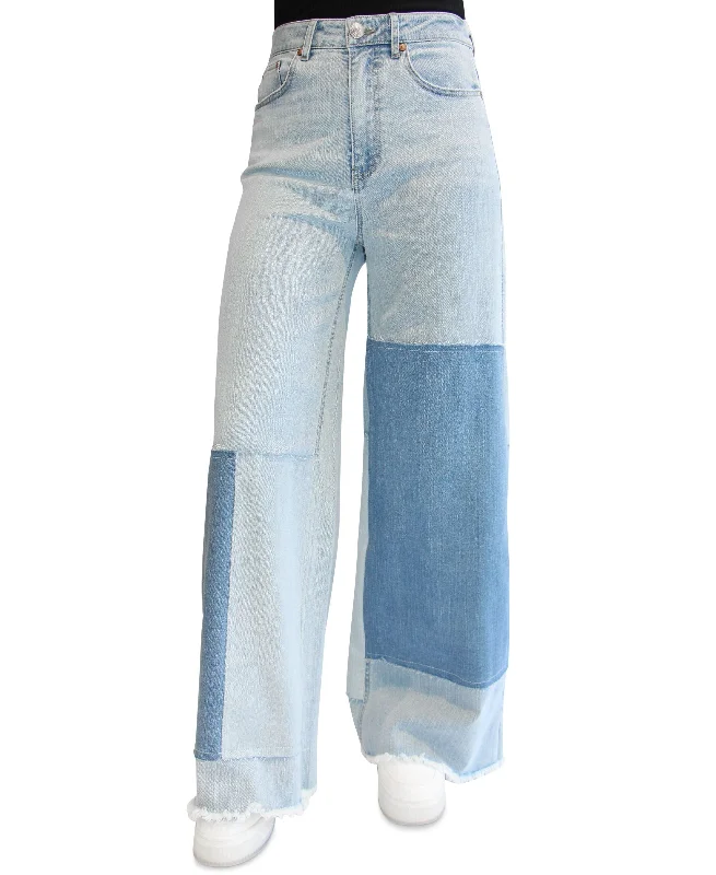 Juniors' High-Rise Patchwork Wide-Leg Jeans Casual Distressed Skinny Jeans