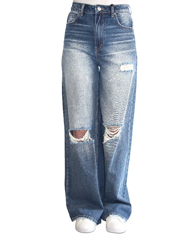 Juniors' High-Rise Ripped Wide-Leg Jeans Fashionable Distressed Jeans