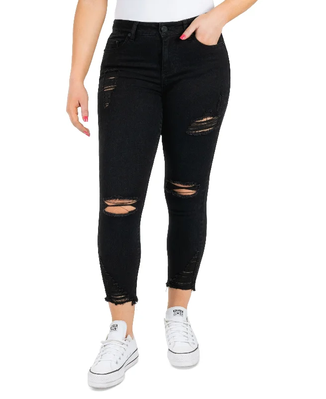 Juniors' Mid-Rise Curvy Distress Crop Jeans Chic Rip-Detail High-Waist Jeans