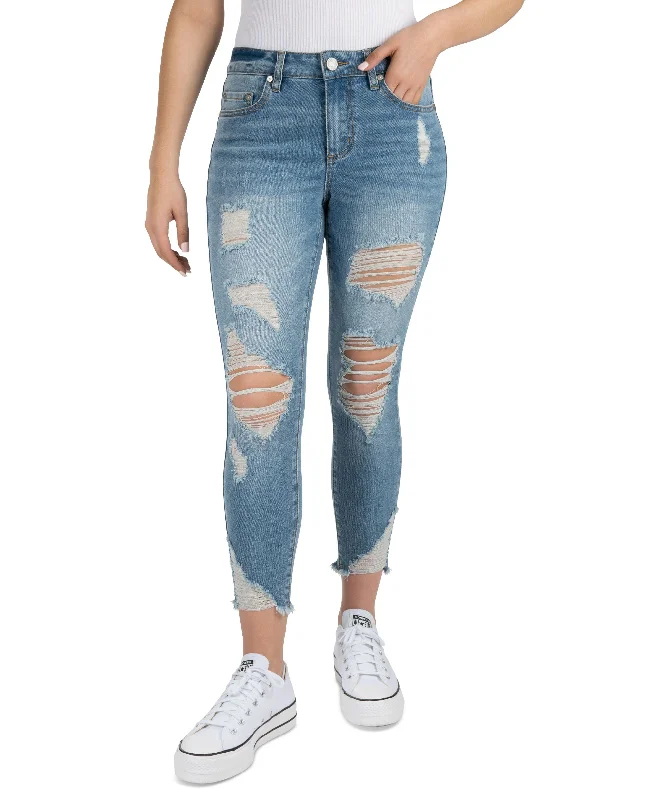 Juniors' Mid-Rise Distressed Curvy Crop Jeans Chic Faded Blue Jeans