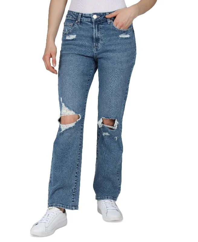 Juniors' Ripped Bootcut Jeans Fashionable Raw Hemmed Jeans