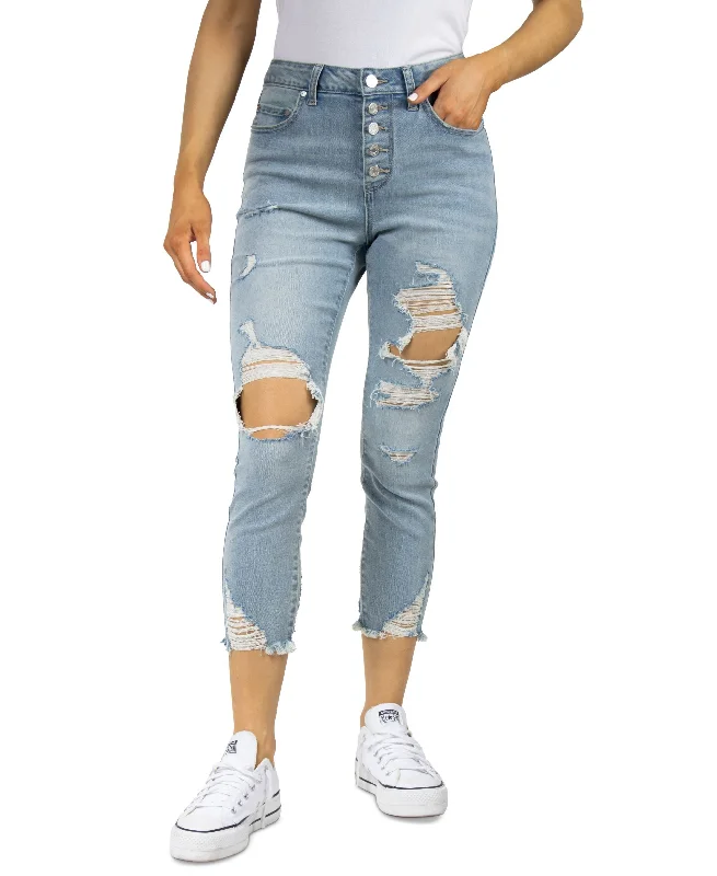 Juniors' Ripped High Rise Cropped Jeans Stylish Tapered Fit Jeans