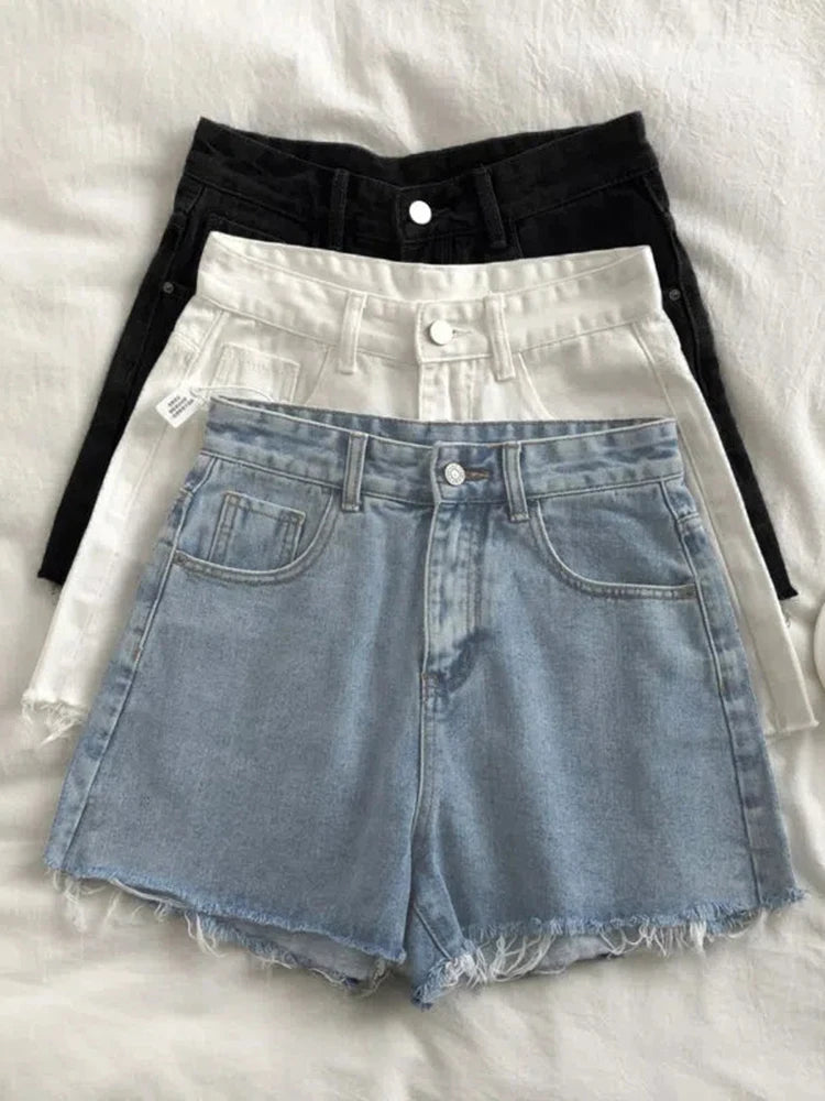 Korean High Waist Raw Edge Denim Shorts Women Summer Basic Button Pocket Jean Comfortable Distressed Straight-Leg Jeans