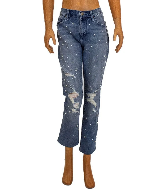 Pearl Studded Straight Leg Jeans Casual High-Waisted Bootcut Jeans