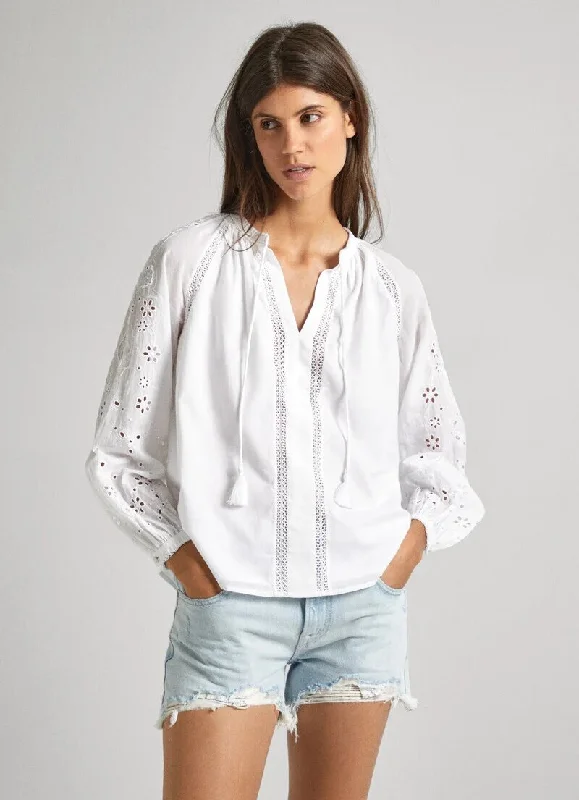 Pepe Jeans Ewan Embroidered Detail Blouse, White Comfortable Straight-Legged Denim