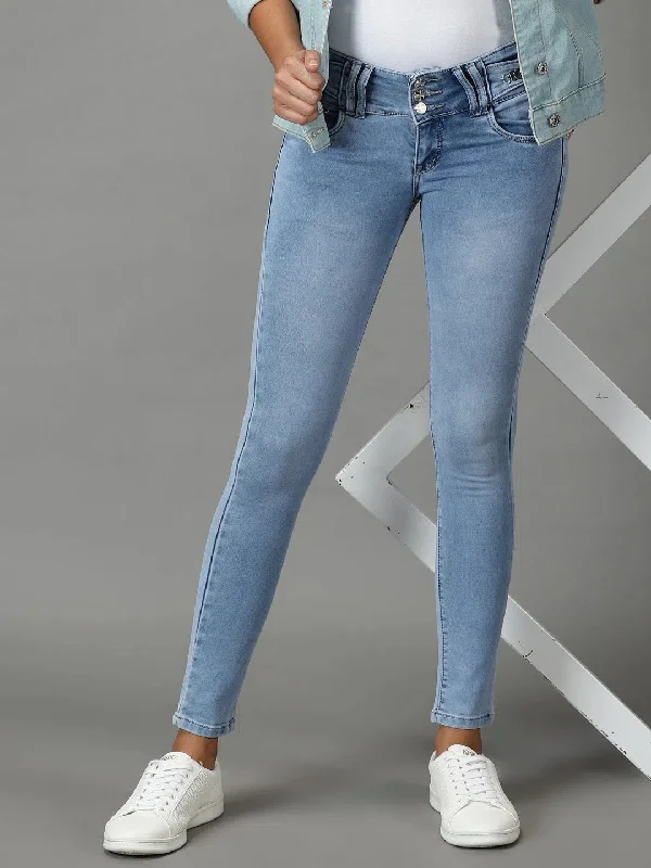 Women's Blue Solid Slim Fit Denim Jeans-CR-7974-Blue Fashionable Relaxed Fit Denim